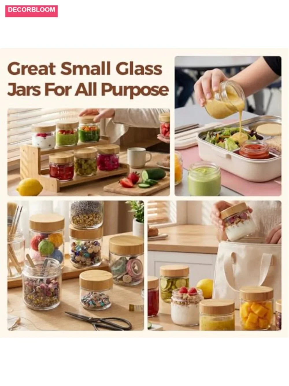 6 Pack 3oz Glass Salad Dressing Containers with Bamboo Lids, Airtight Leakproof